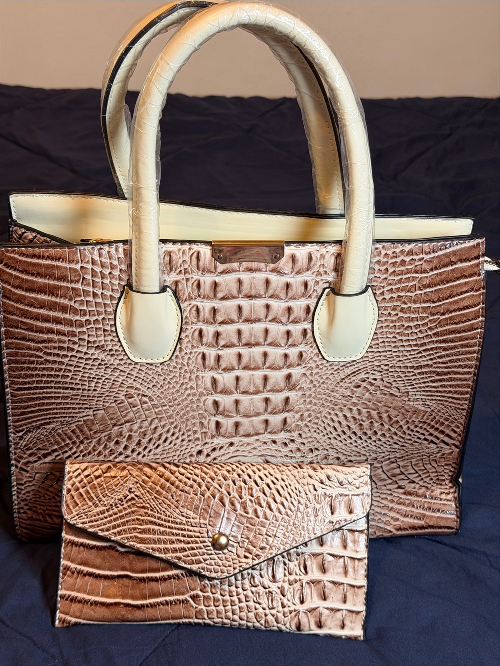 Croc-Embossed Satchel and Wallet Set - Beige/Brown